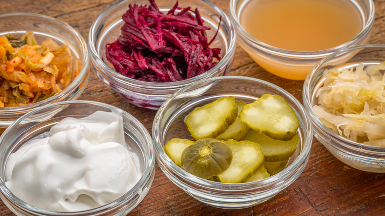 Fermented ingredients in glass bowls.