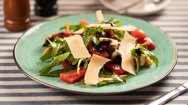 green and tomato salad with shaved cheese and balsamic vinaigrette on teal plate