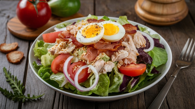 Cobb salad with chicken, bacon, tomato, onions, and eggs