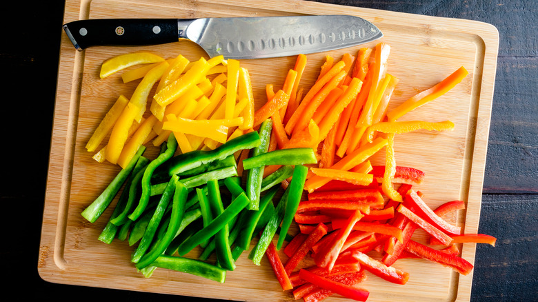 sliced bell peppers on chopping board