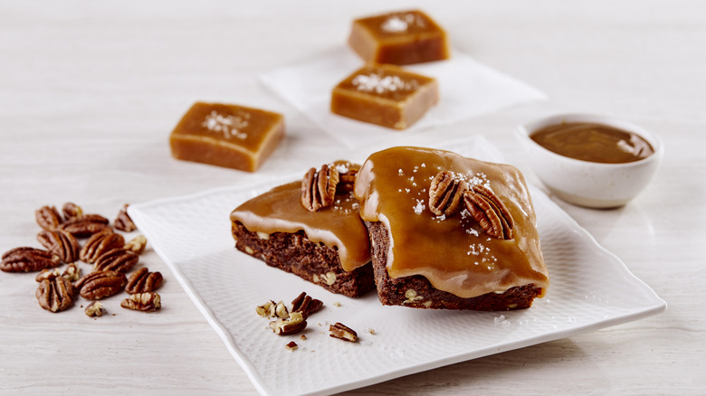 Salted caramel brownies on a plate