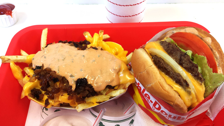 in-n-out burger and fries on a table