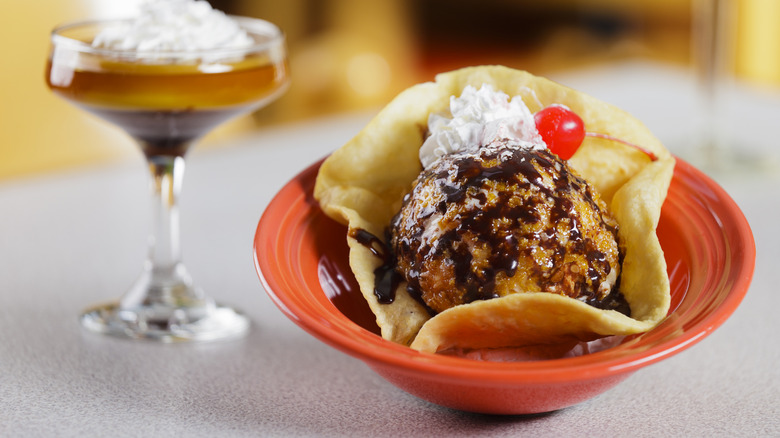 Mexican fried ice cream served in tortilla shell