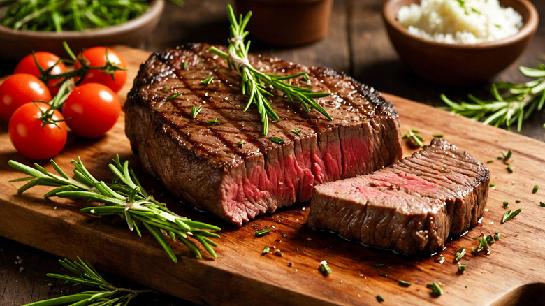 Grilled steak with tomatoes and herbs on wooden board