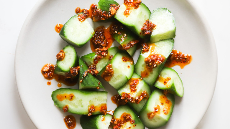 chopped cucumbers with chili crisp