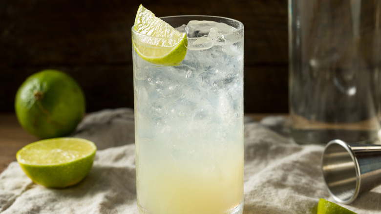 A Gin Rickey in a tall glass with a lime wedge