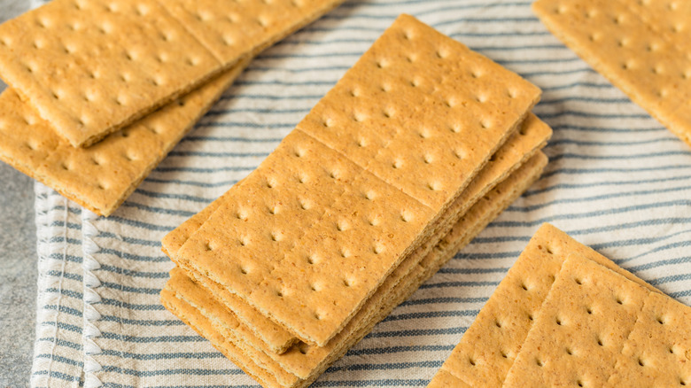 Graham crackers on a striped dish towel