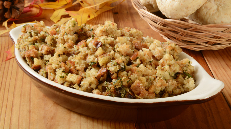 A bowl of stuffing mix on a table