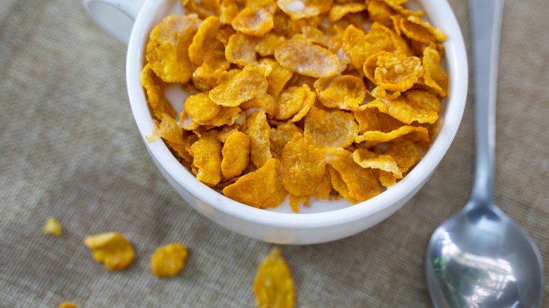 A bowl of cornflakes cereal with a spoon to the right