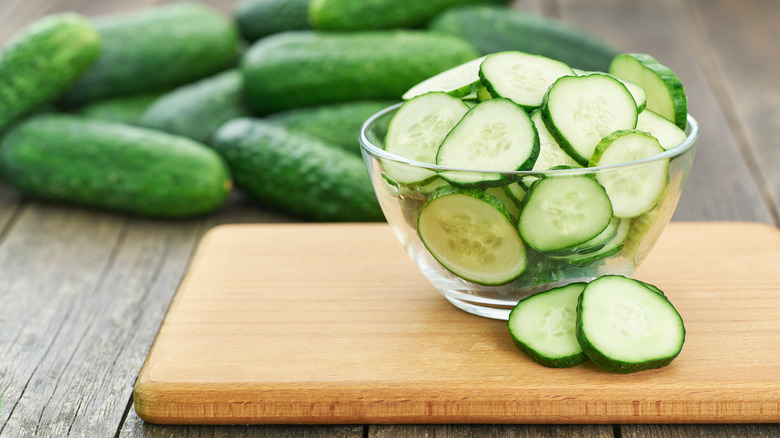 A bowl of sliced cucumbers