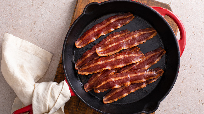 Turkey bacon in a cast iron skillet ready to be eaten