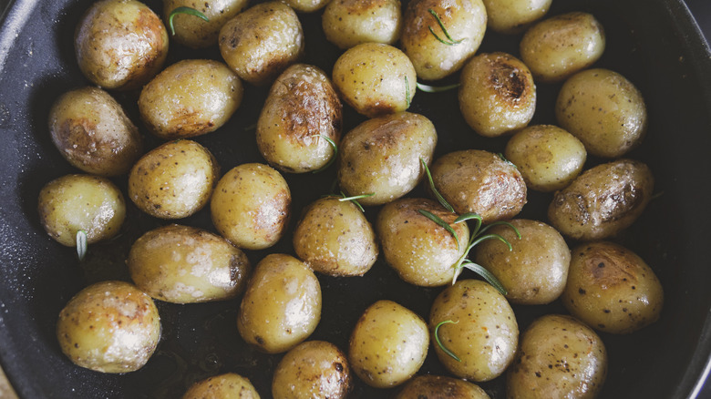 Peewee potatoes in frying pan