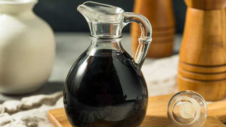 Homemade balsamic vinegar glaze in a glass bottle