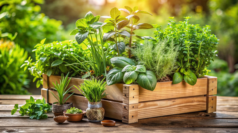 A wooden box of fresh herbs on a table