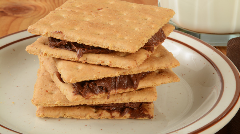 Graham crackers chocolate spread white plate