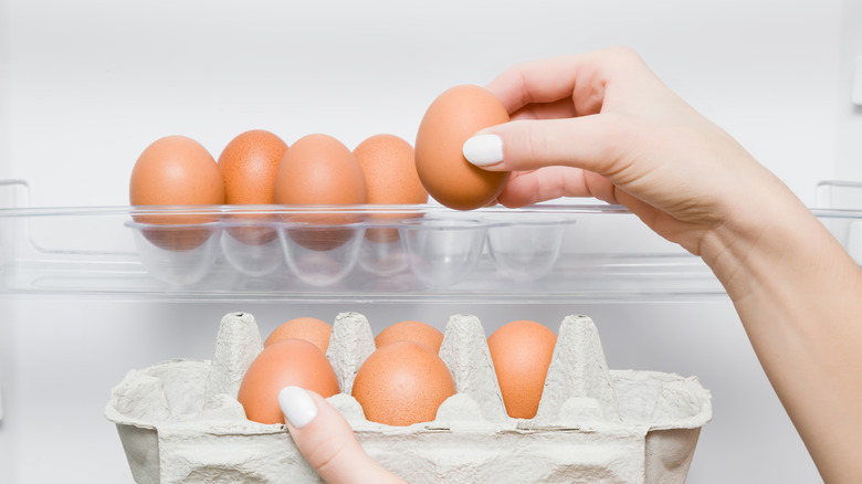 Hands putting eggs in fridge