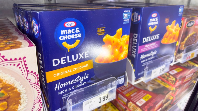 Frozen Kraft Deluxe Macaroni and Cheese in grocery freezer