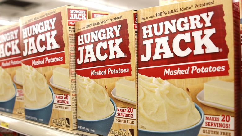 Boxes of Hungry Jack instant mashed potatoes on shelf