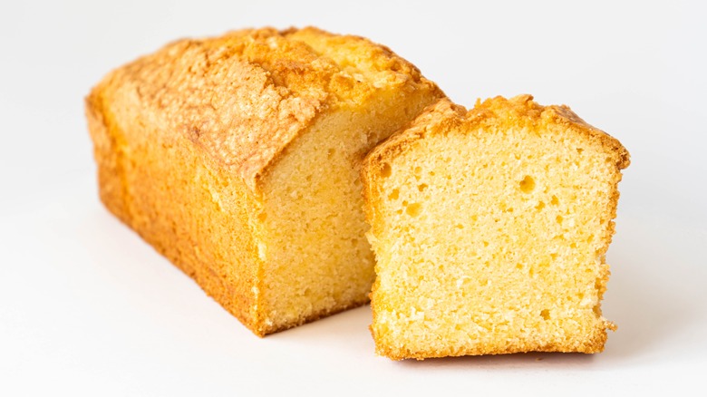 Sliced loaf of plain pound cake