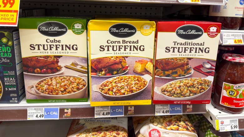 Boxes of stuffing on a grocery store shelf