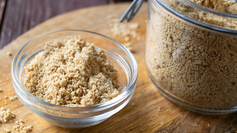 Vegan parmesan with almonds, nutritional yeast, garlic powder and sea salt, in a small bowl