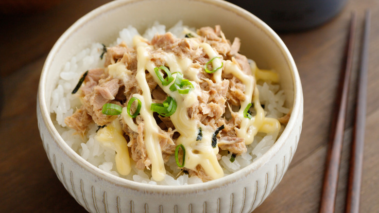 Tuna mayo rice with scallions and seaweed