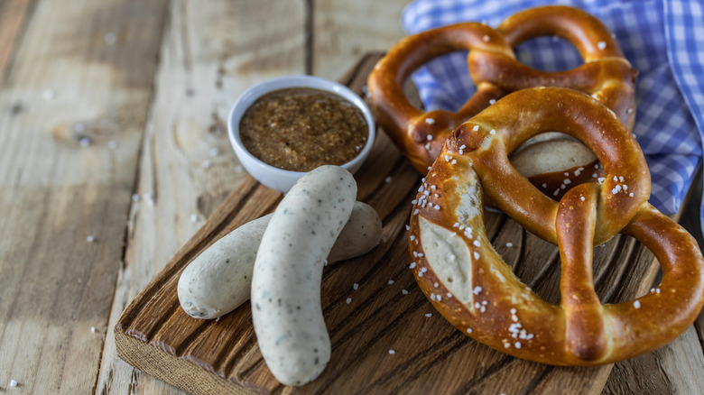 Bavarian sweet mustard with weisswurst and pretzels