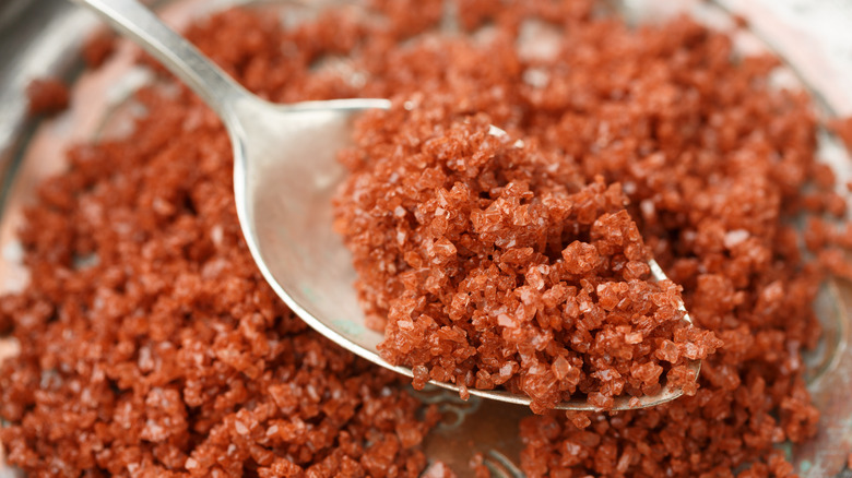 Red Hawaiian salt on metal spoon