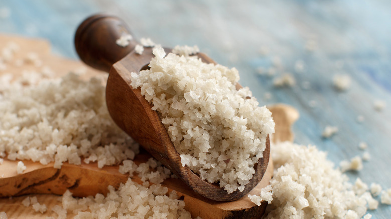 Wooden spoon with gray salt