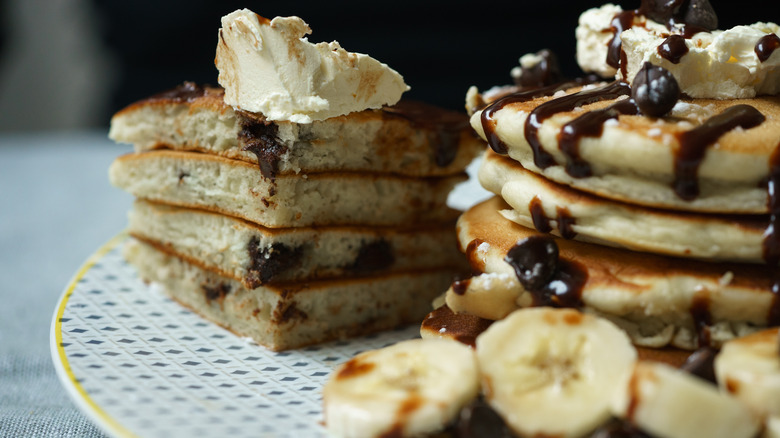 stack of chocolate banana pancakes