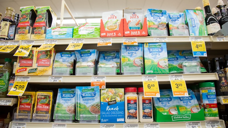 Variety of ranch powder packets at the grocery store