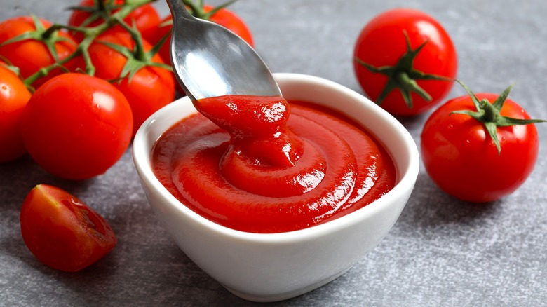 A metal spoon scoops a small amount of ketchup from a white bowl