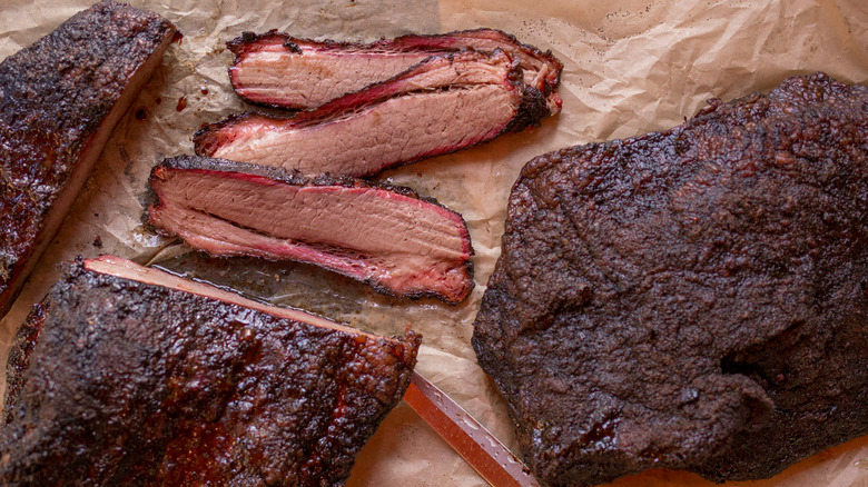 Barbecued smoked brisket with smoke ring