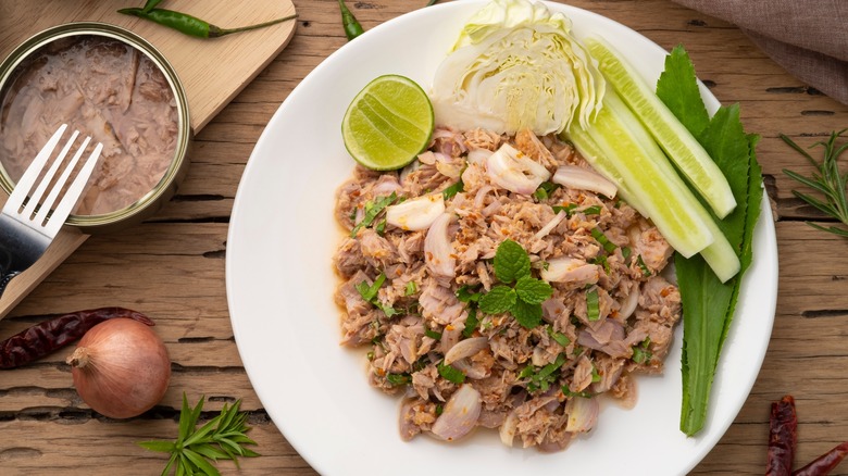 Tuna salad with lime, shallots, cucumbers, and herbs