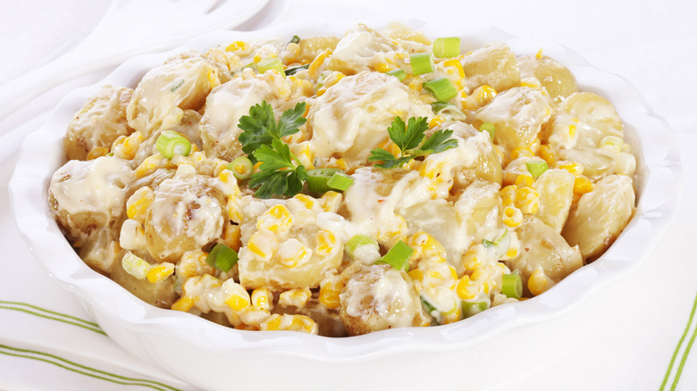 Potato salad with sweetcorn and green onion