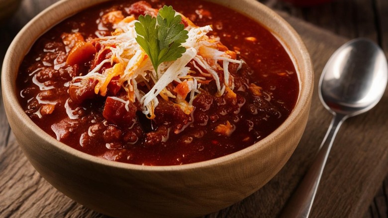 a bowl of chili next to spoon