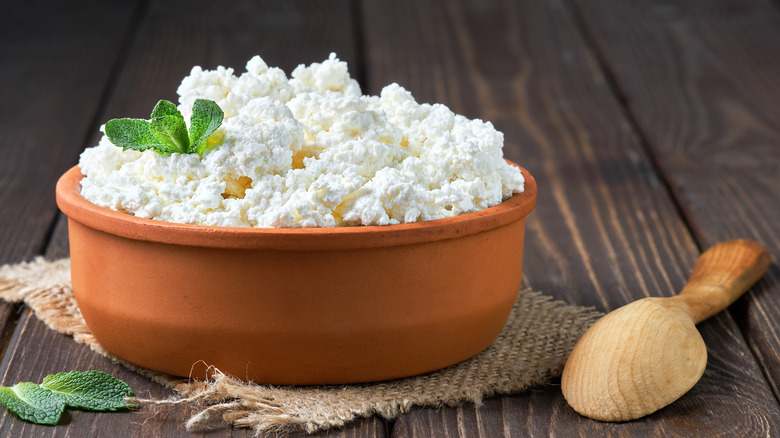 Cottage cheese in clay bowl with wooden spoon
