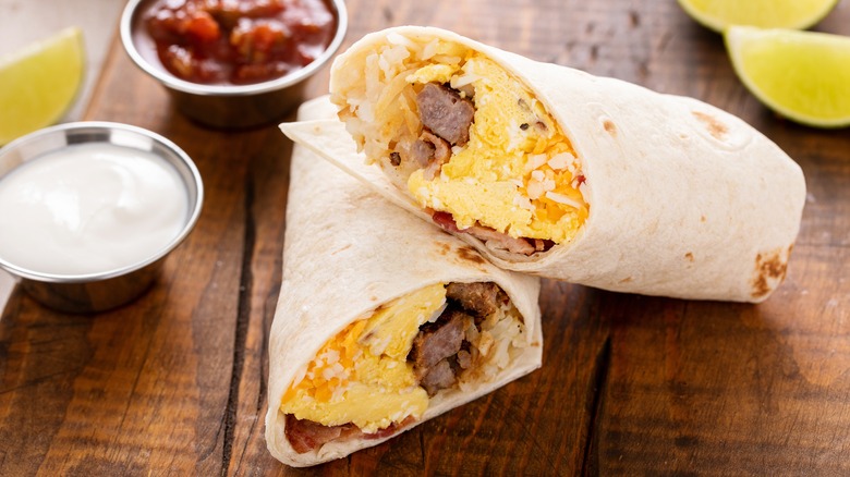 Breakfast burrito with scrambled eggs, sausage, and cheese
