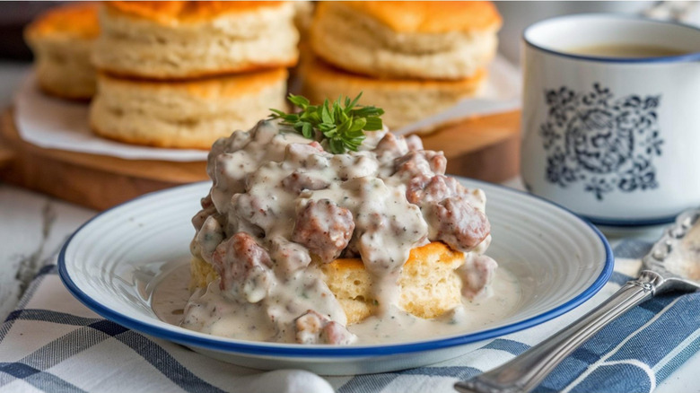 Chunky sausage gravy over a biscuit