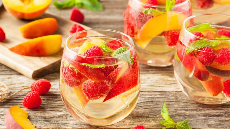 White wine sangria with raspberries and peaches