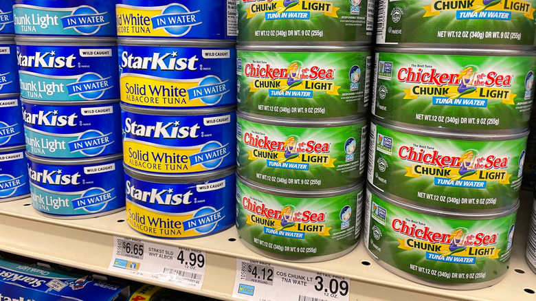 Store shelf showing price differences between albacore and chunk light tuna