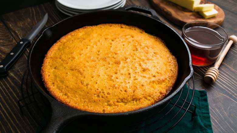 Baked cornbread in a cast iron skillet