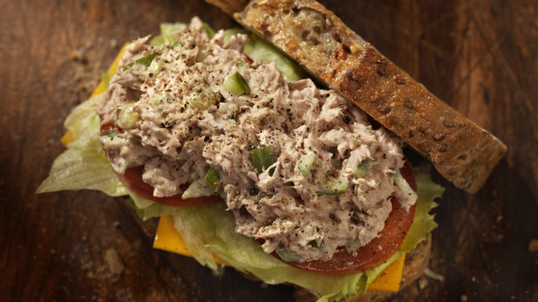 tuna salad with cheese, tomatoes, and lettuce