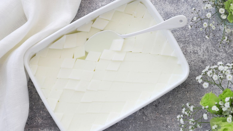 cubes of Cantonese almond jelly