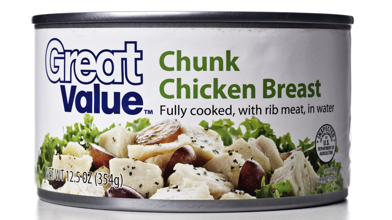 A can of Great Value chunk chicken breast sits against a white background