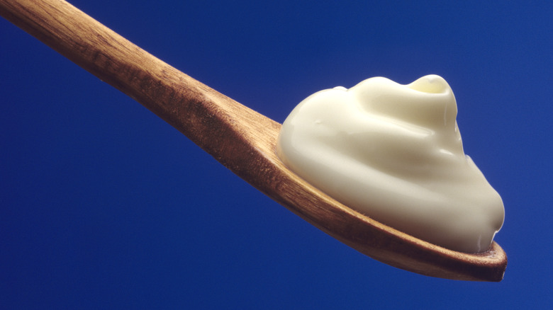 mayonnaise on a wooden spoon with blue background