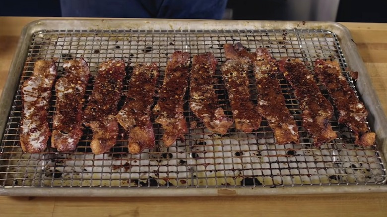 Alton Brown's lacquered bacon on wire rack