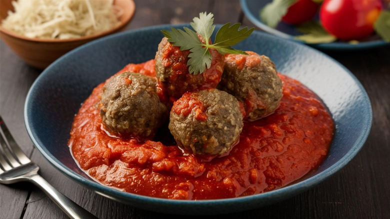 A plate of meatballs resting on a layer of tomato sauce sit in a blue bowl