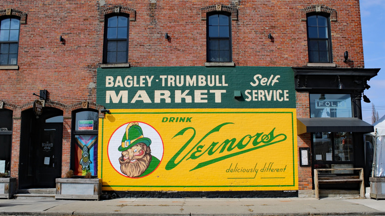 A Vernors ginger ale sign painted on the side of a brick building in Detroit, Michigan