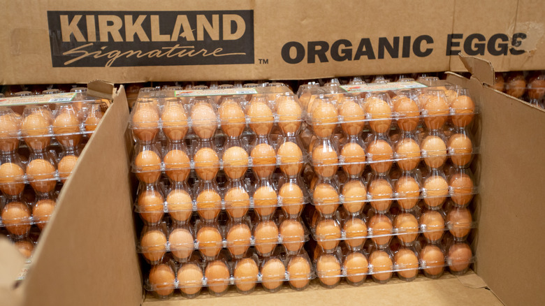 Pallets of Kirkland organic eggs at a Costco location